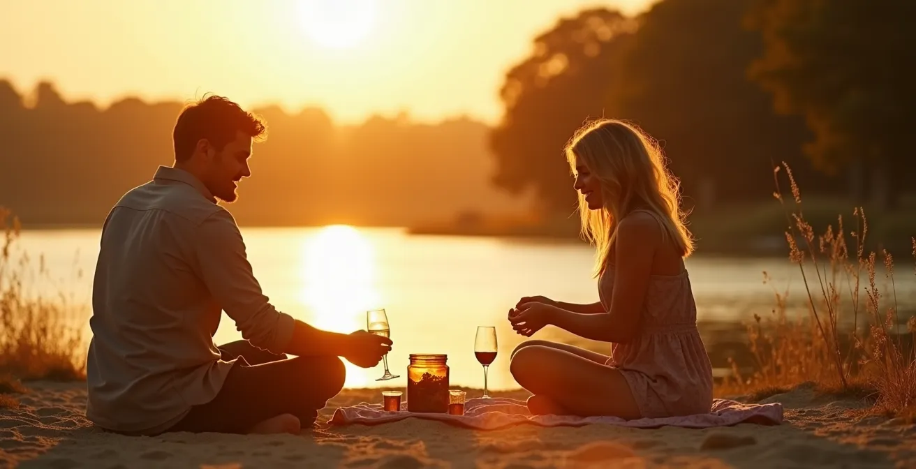 Couple installant un pique-nique romantique sur un banc de sable éphémère au bord de la Loire sous une lumière dorée