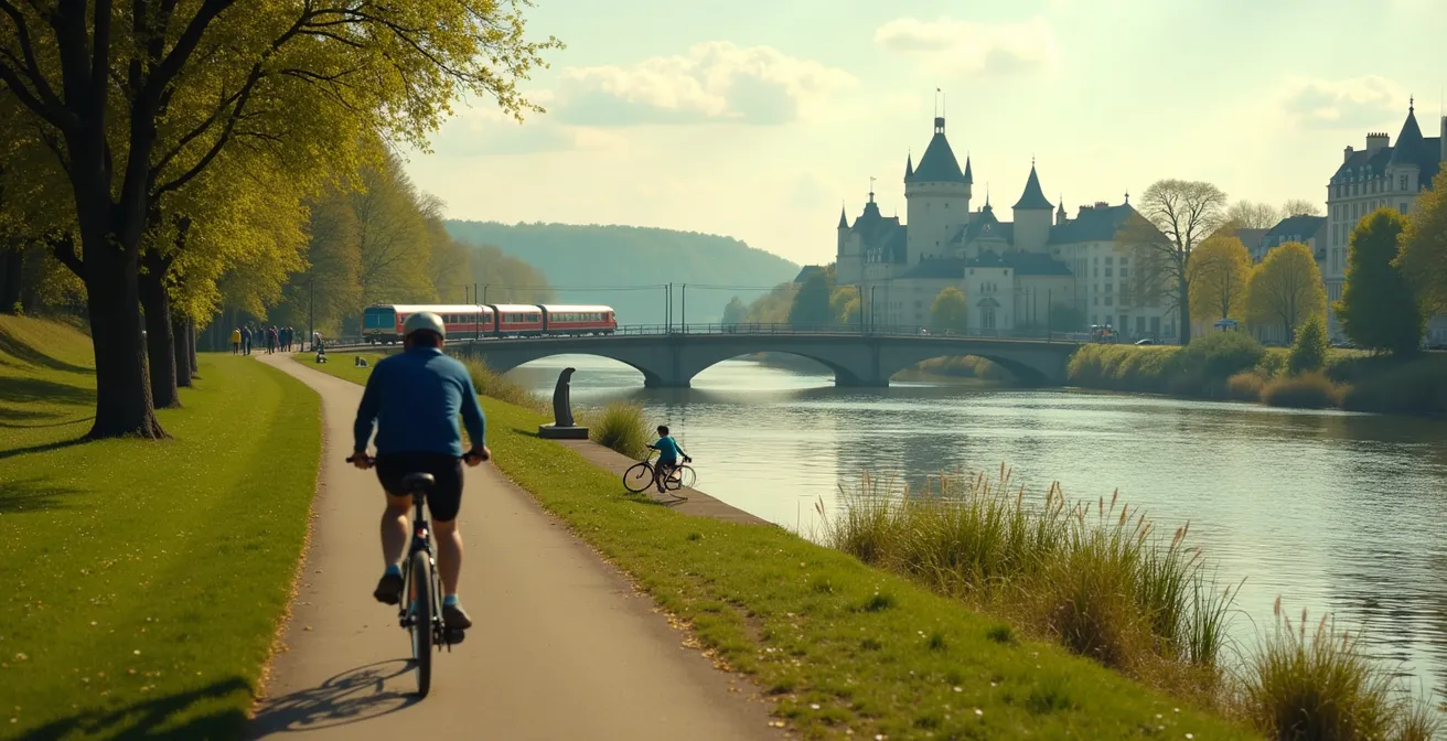 Cycliste avec vélo sur une piste cyclable le long de la Loire, avec un train régional en arrière-plan et des châteaux visibles