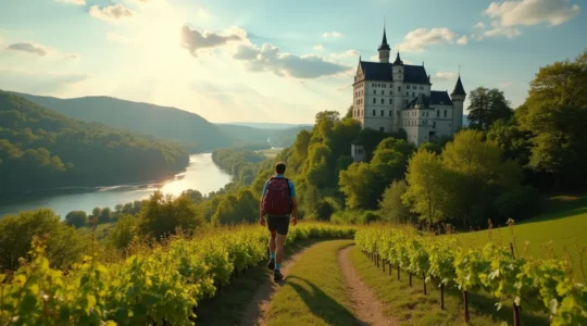 Paysage du Val de Loire avec château en arrière-plan, rives de la Loire, et randonneur explorant la nature