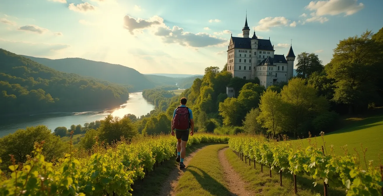 Paysage du Val de Loire avec château en arrière-plan, rives de la Loire, et randonneur explorant la nature