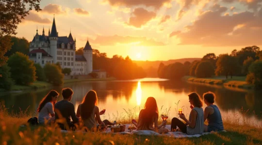 Une vue panoramique du Val de Loire avec ses châteaux emblématiques, ses vignobles et ses paysages fluviaux, illustrant un séjour entre amis.