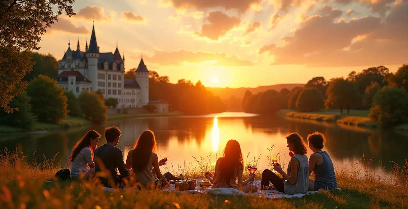 Une vue panoramique du Val de Loire avec ses châteaux emblématiques, ses vignobles et ses paysages fluviaux, illustrant un séjour entre amis.