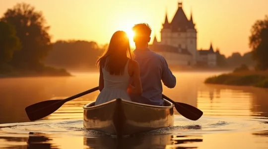 Couple romantique naviguant en canoë au coucher du soleil sur la Loire avec un château en arrière-plan