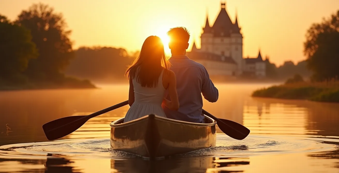 Couple romantique naviguant en canoë au coucher du soleil sur la Loire avec un château en arrière-plan