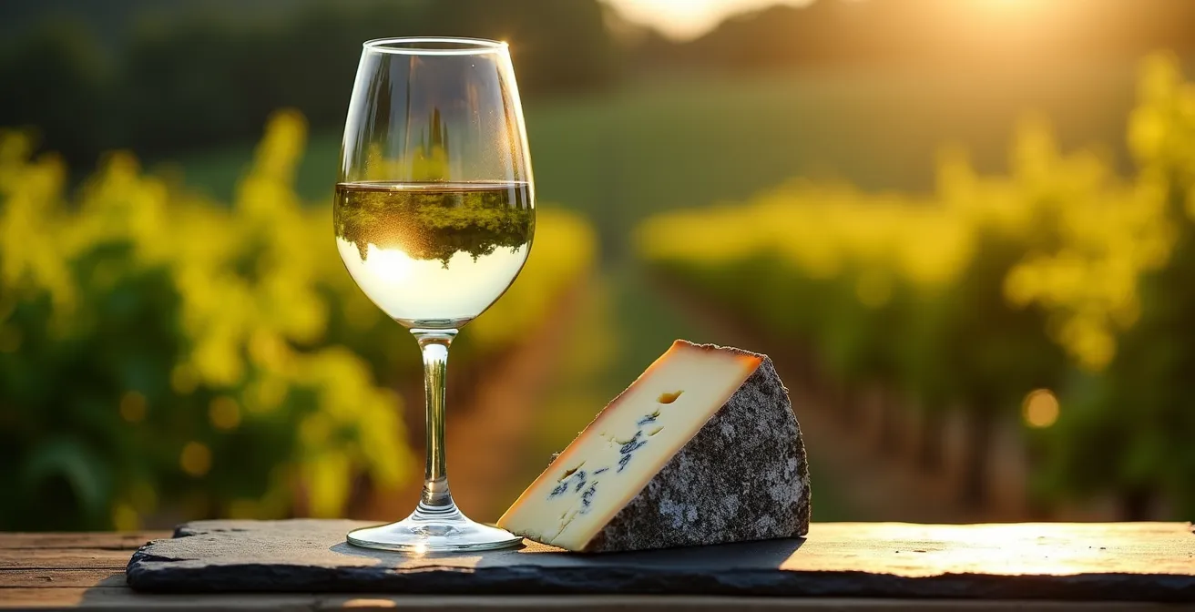 Verre de vin blanc de Loire avec fromage de chèvre AOP et vignobles flous en arrière-plan