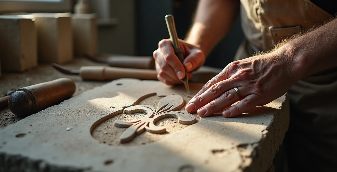 Artisan sculpteur travaillant dans son atelier sur un ornement destiné à un château de la Loire
