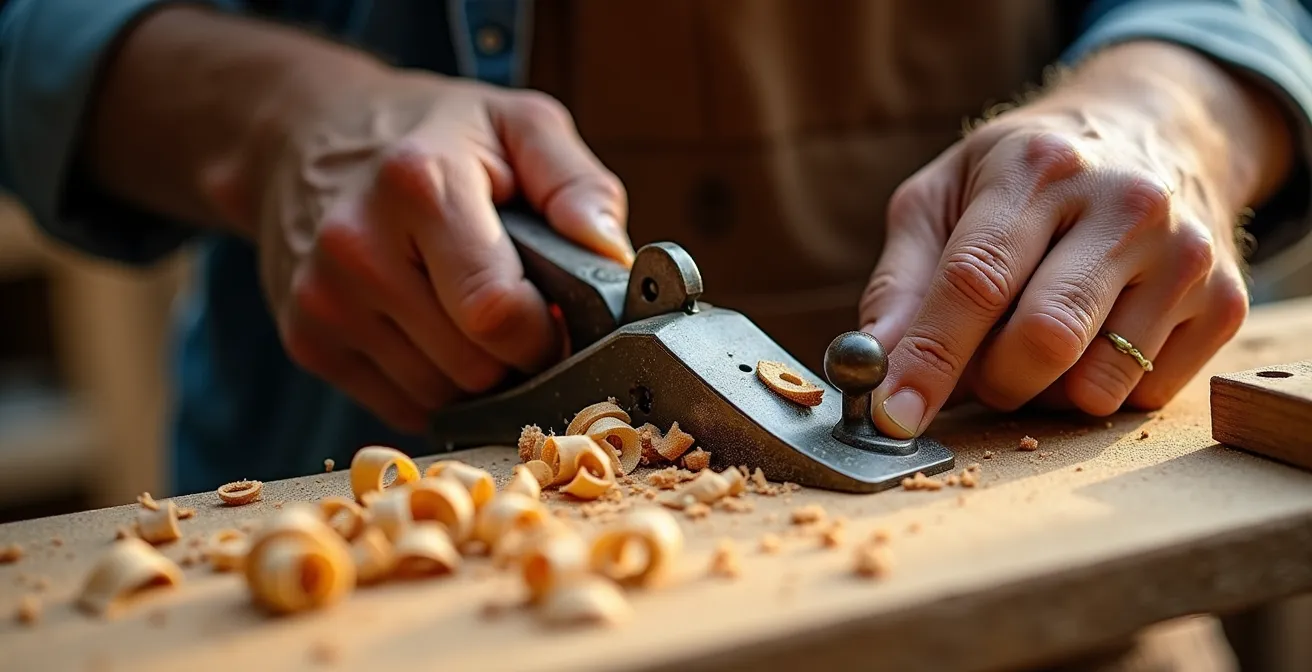 Mains d'artisan travaillant le bois dans un atelier traditionnel avec outils anciens