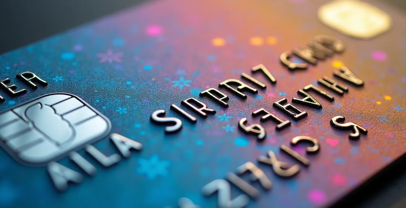 Détail macro d'une carte professionnelle de guide-conférencier avec hologrammes et reliefs