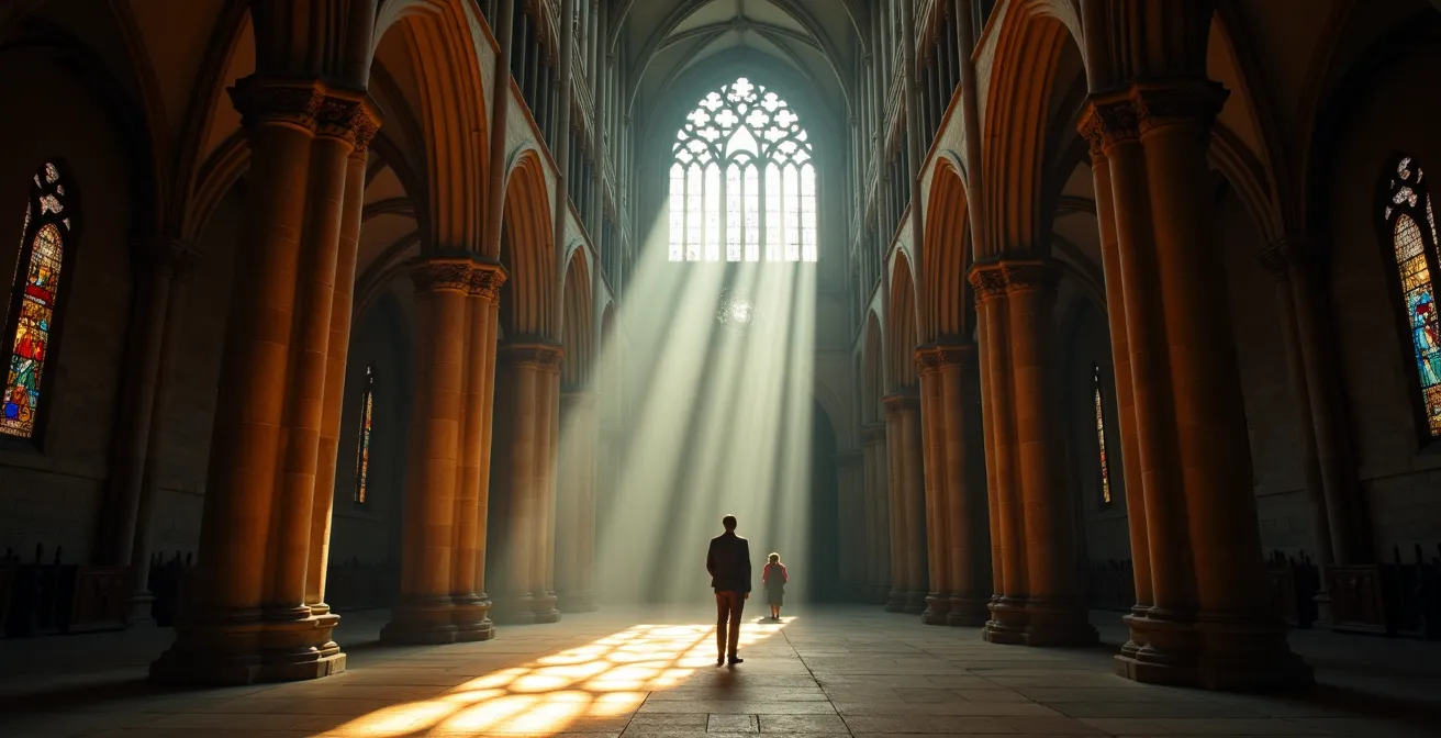 Vue intérieure d'une cathédrale gothique montrant la nef monumentale et les vitraux colorés