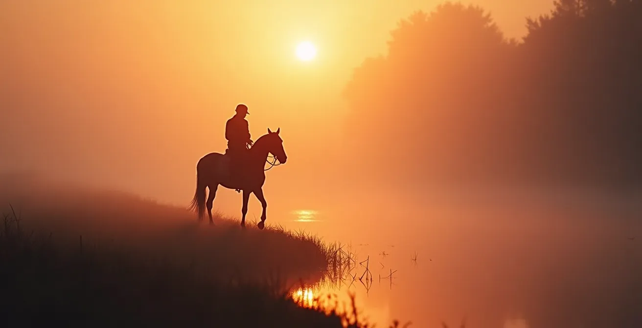 Silhouette d'un cavalier au petit matin sur les rives brumeuses de la Loire avec reflets dorés sur l'eau