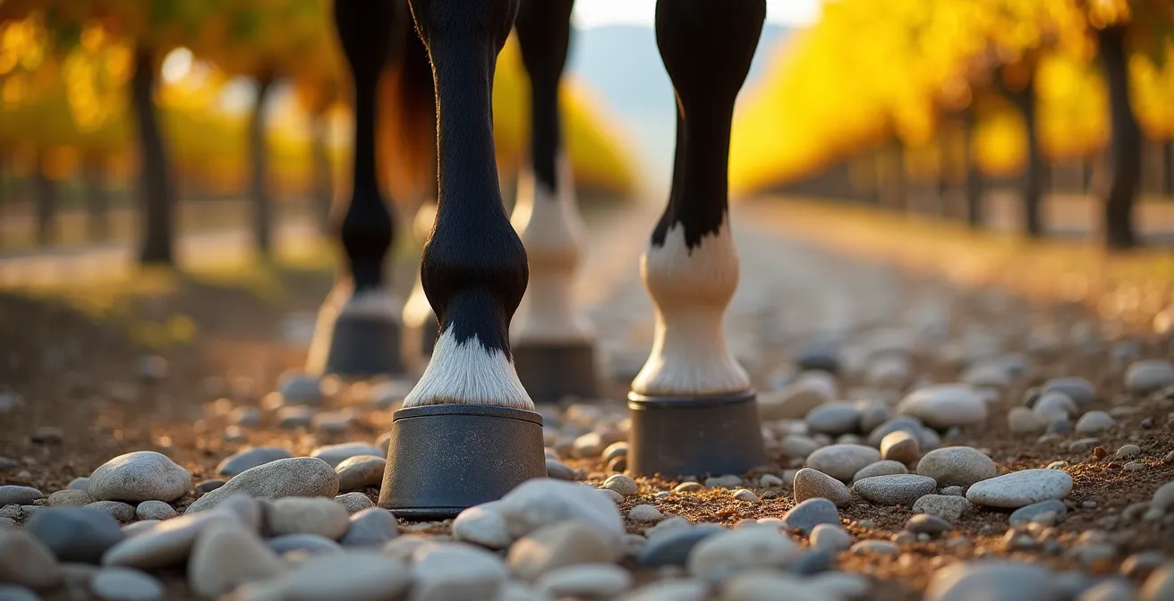 Vue macro des sabots d'un cheval sur les chemins caillouteux entre les rangées de vignes dorées du Saumurois