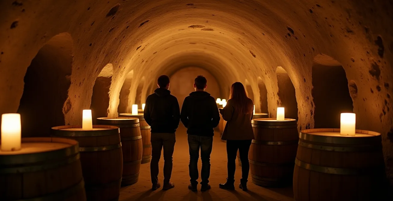 Intérieur d'une cave troglodyte de Loire avec fûts de chêne et éclairage tamisé