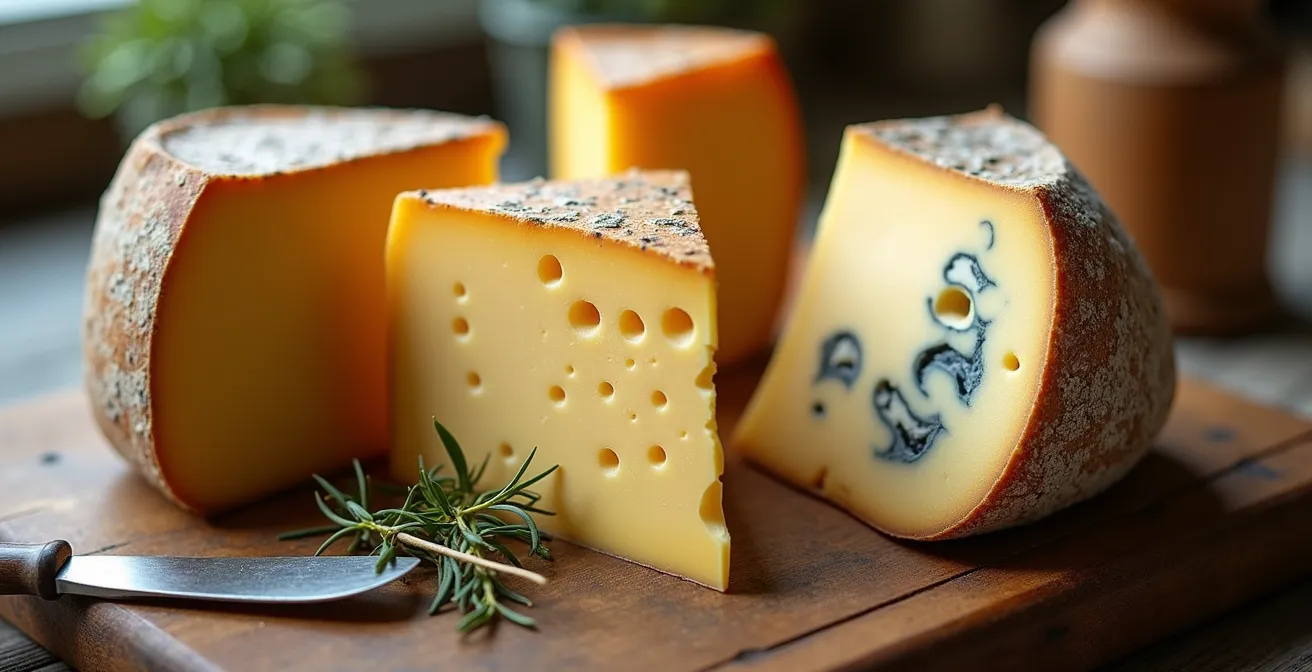 Comparaison côte à côte de fromages AOP avec leurs logos officiels et emballages authentiques