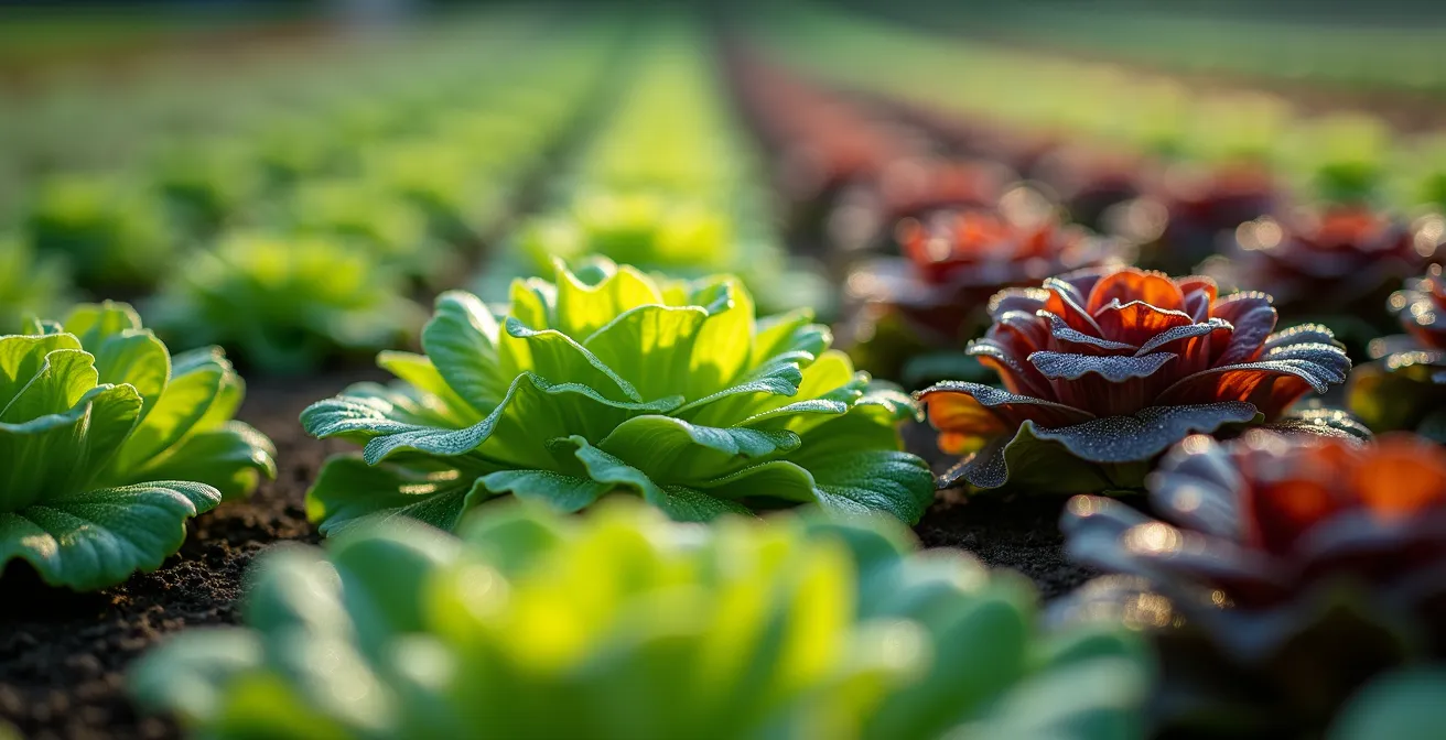 Gros plan sur les carrés géométriques du potager de Villandry avec jeu de textures et couleurs