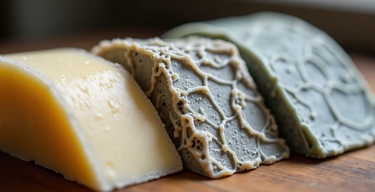 Évolution visuelle d'un Selles-sur-Cher à différents stades d'affinage montrant les changements de texture et couleur