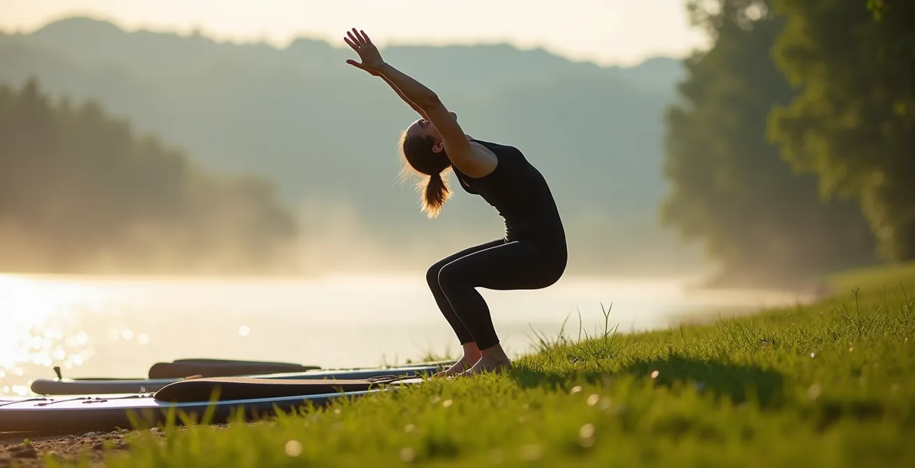 Personne pratiquant des postures d'équilibre simples sur la berge du Cher avant de monter sur le paddle