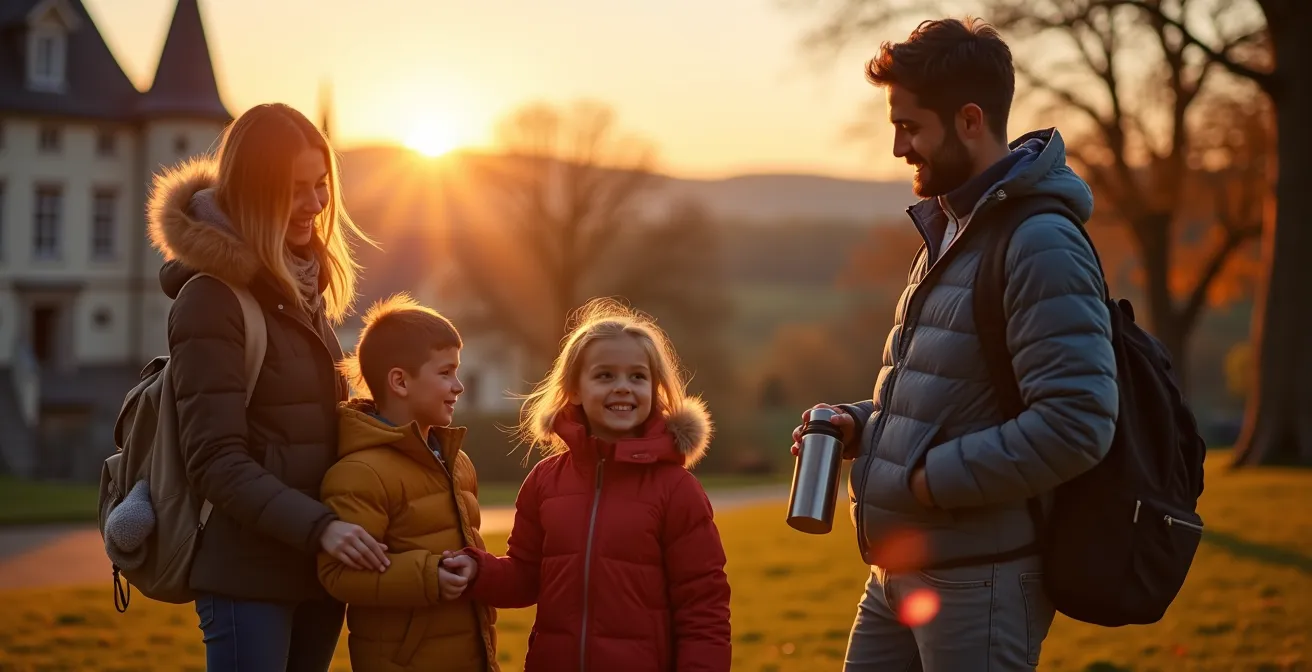 Famille équipée pour spectacle nocturne devant château illuminé avec sacs à dos et vêtements chauds