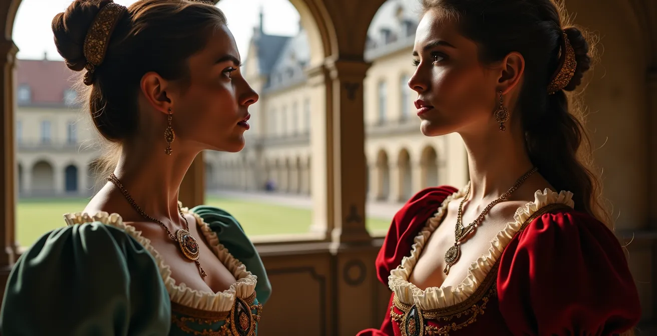 Portraits Renaissance de Catherine de Médicis et Diane de Poitiers avec Chenonceau en arrière-plan