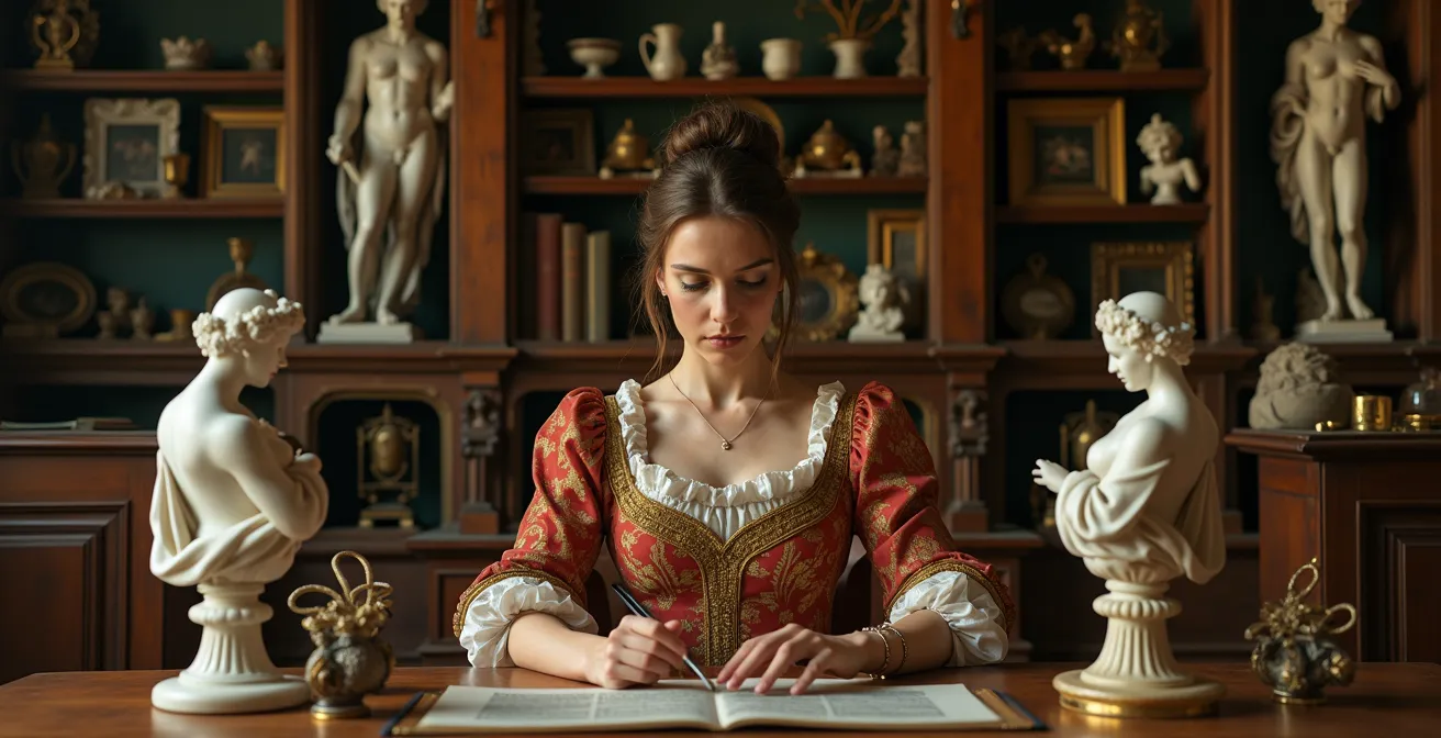 Portrait Renaissance d'un noble mécène entouré d'objets d'art et de sculptures italiennes dans un cabinet de curiosités