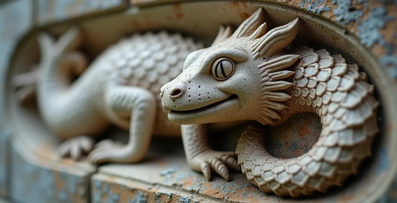 Détail macro d'une salamandre sculptée dans la pierre de Chambord, emblème de François Ier