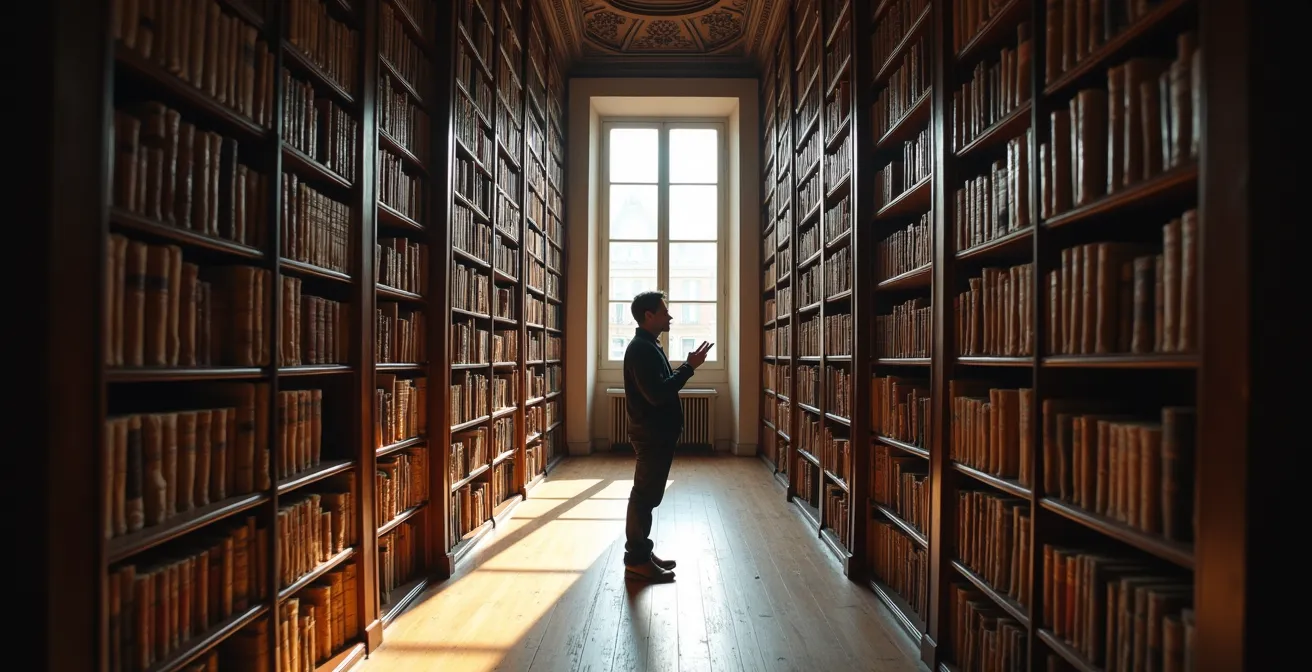 Guide-conférencier consultant des archives anciennes dans une bibliothèque historique