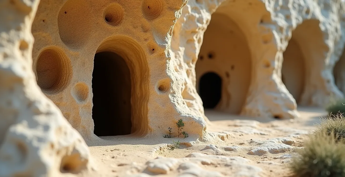 Façades troglodytes creusées dans la falaise de tuffeau avec portes et fenêtres sculptées