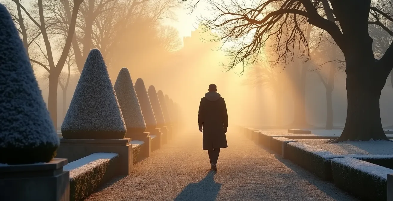 Jardin à la française en hiver avec topiaires givrées dans la brume matinale