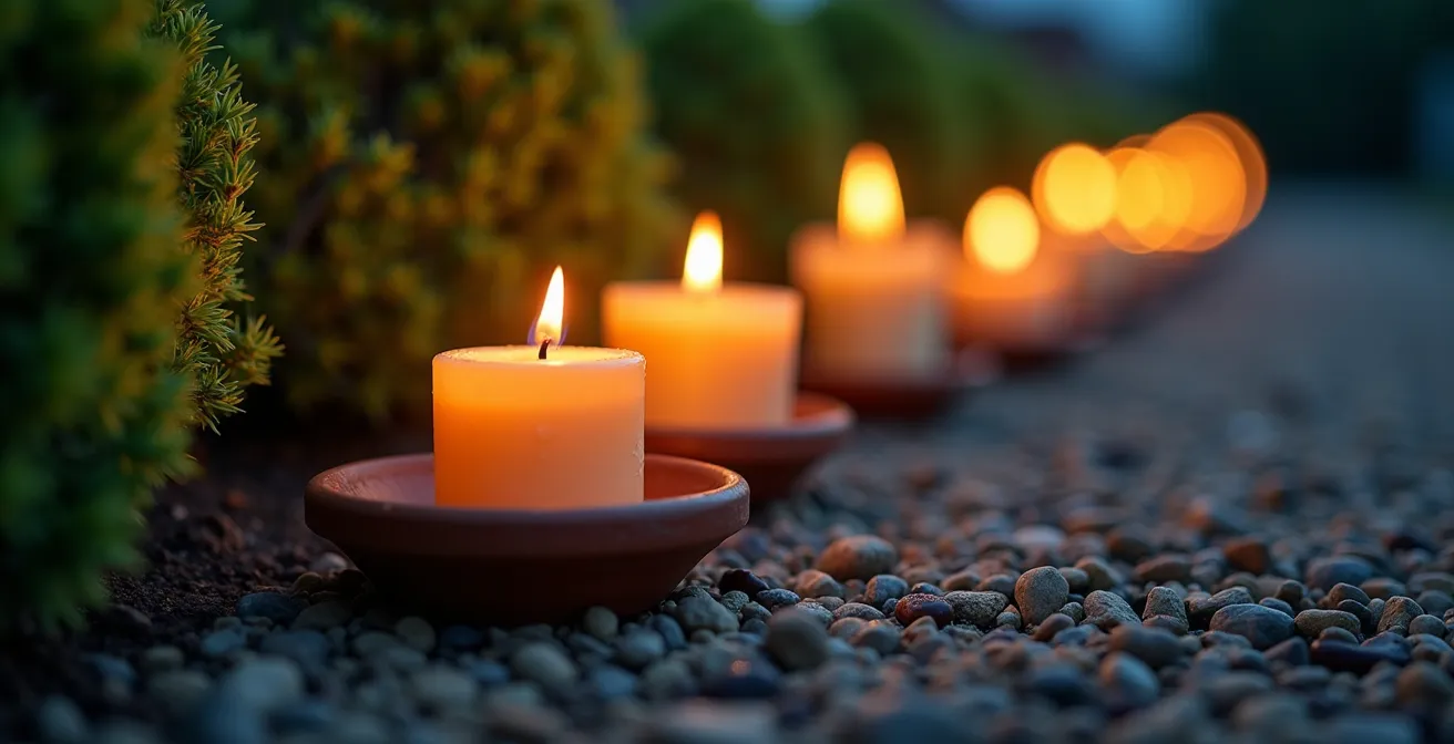 Allée de jardin à la française éclairée par des centaines de bougies créant un chemin lumineux