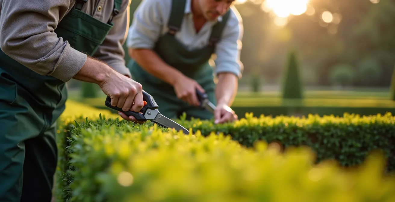 Jardiniers taillant méticuleusement des haies de buis géométriques dans un château du Val de Loire