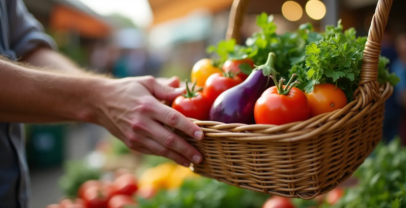 Échange entre un producteur et un client sur un marché, mains tendant un panier de légumes colorés