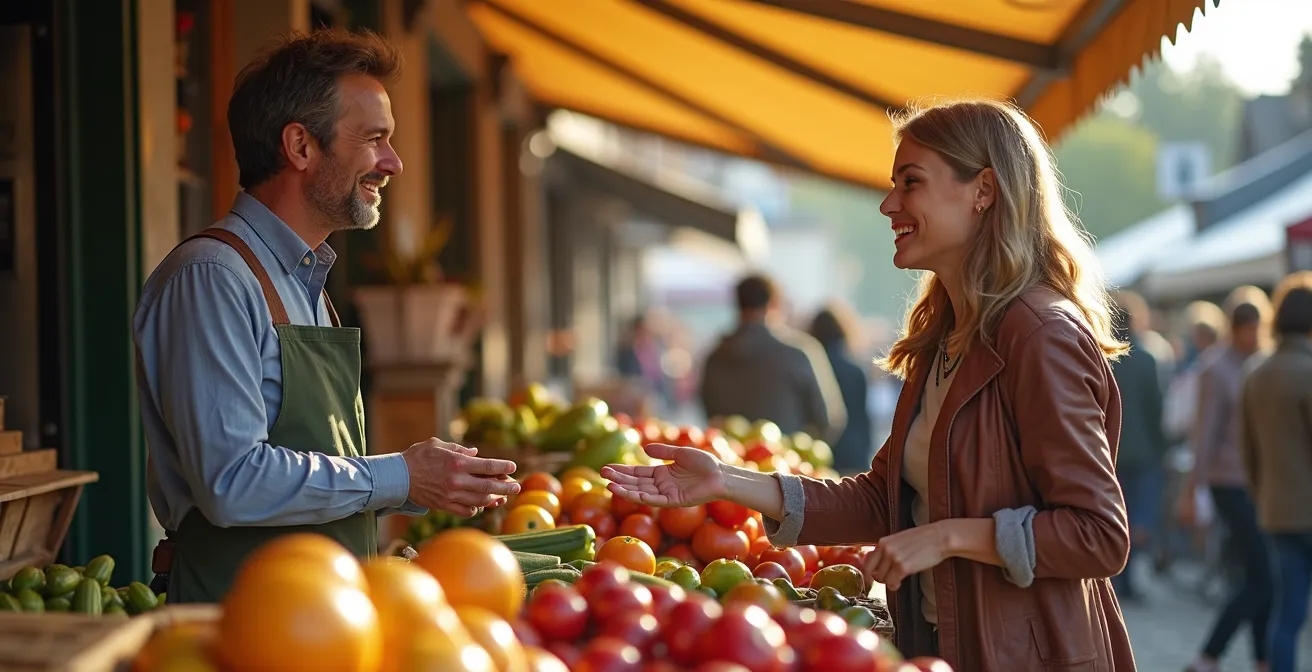 Scène animée du marché d'Amboise avec vendeurs et clients