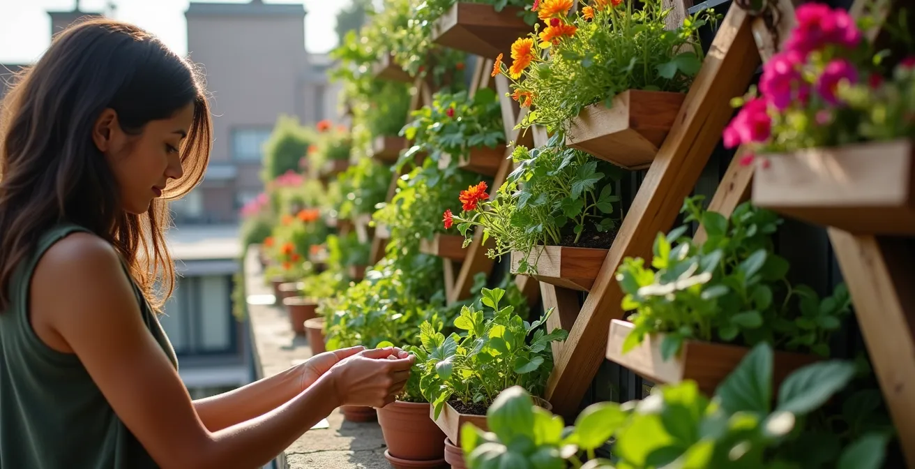Potager vertical sur un balcon urbain avec contenants modulaires et plantes en étages