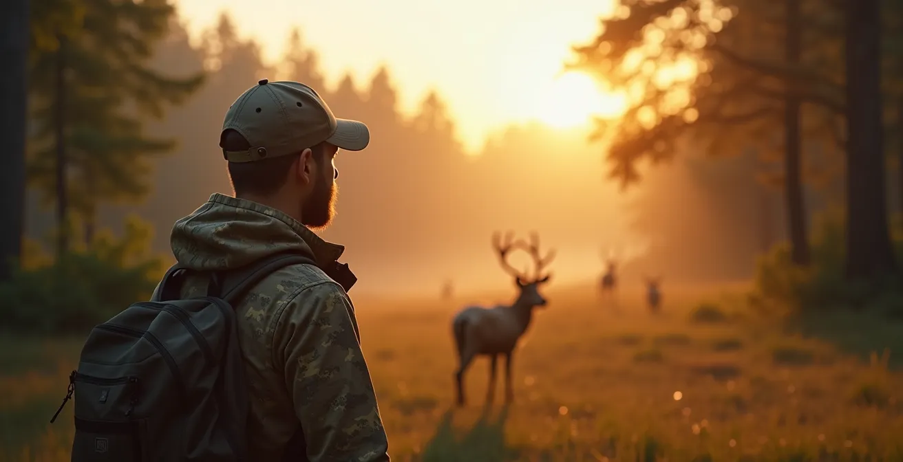 Observateur naturaliste avec jumelles au lever du soleil en lisière de forêt solognote