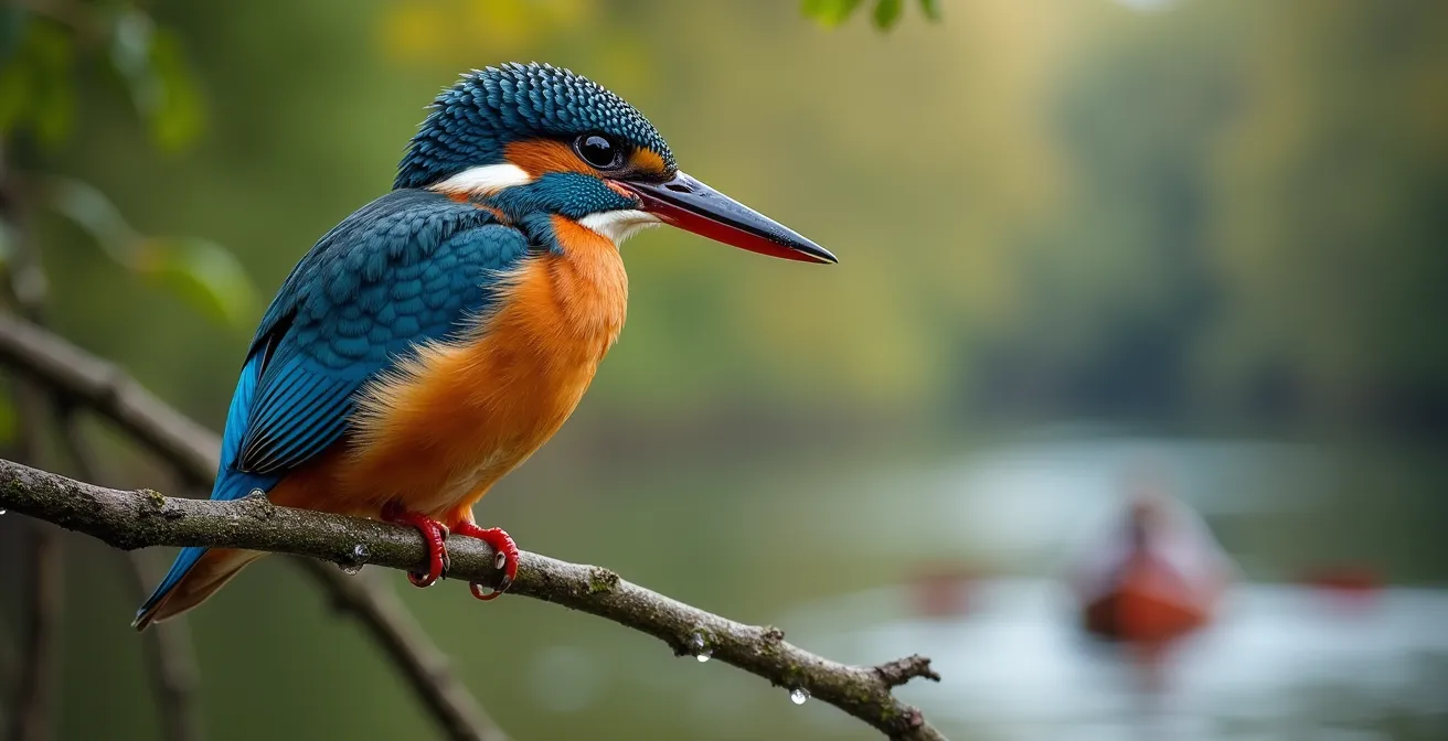 Martin-pêcheur perché sur une branche au-dessus de la Loire avec canoë flou en arrière-plan