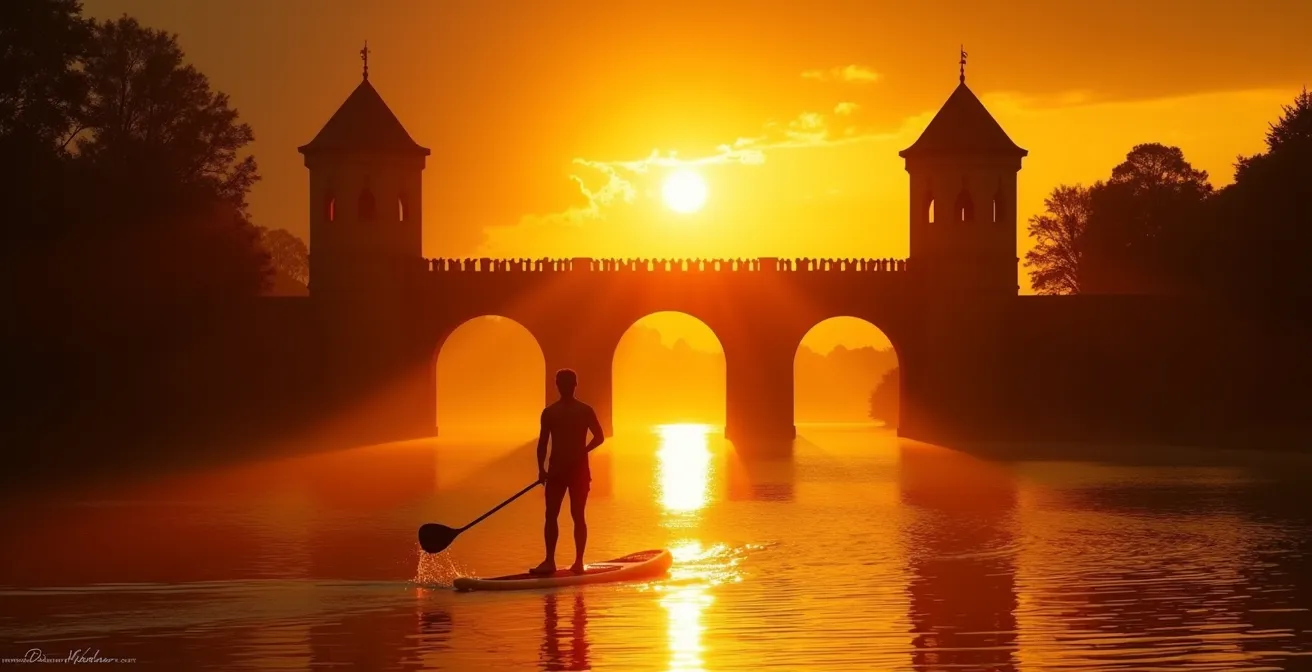 Silhouette de paddleur en contre-jour avec les arches de Chenonceau découpées sur le ciel orangé du coucher de soleil