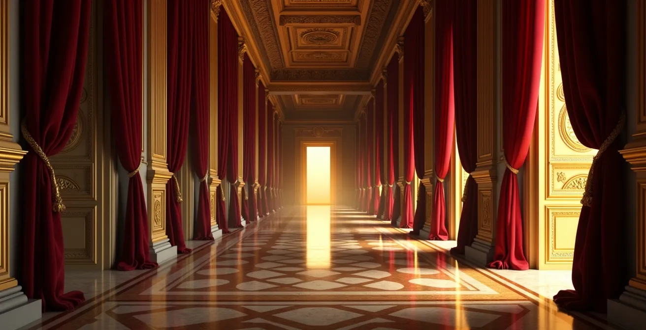 Enfilade de salles richement décorées menant au cabinet du roi, montrant la hiérarchisation spatiale du pouvoir