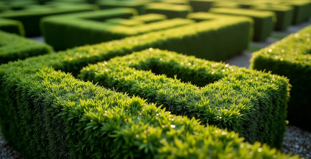 Vue rapprochée d'un parterre de broderie complexe avec motifs géométriques de buis taillés dans les jardins de Chenonceau