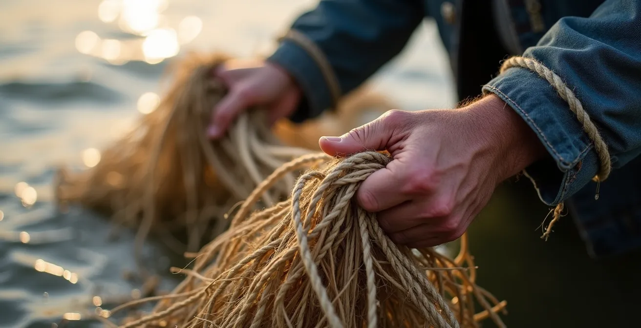 Pêcheur professionnel de Loire relevant ses filets traditionnels dans la brume matinale