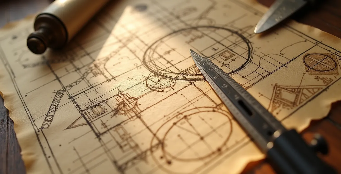Plan architectural ancien montrant les tracés géométriques et perspectives d'un jardin classique à la française