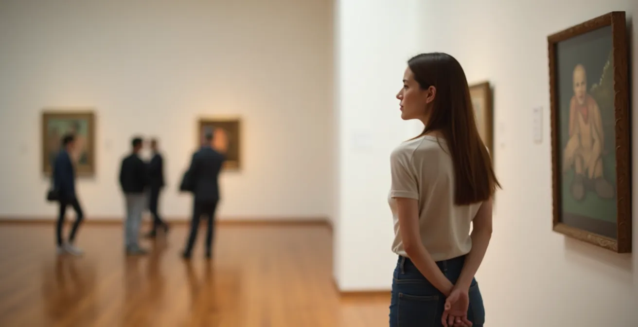 Visiteur seul contemplant une œuvre dans une petite salle de musée baignée de lumière douce