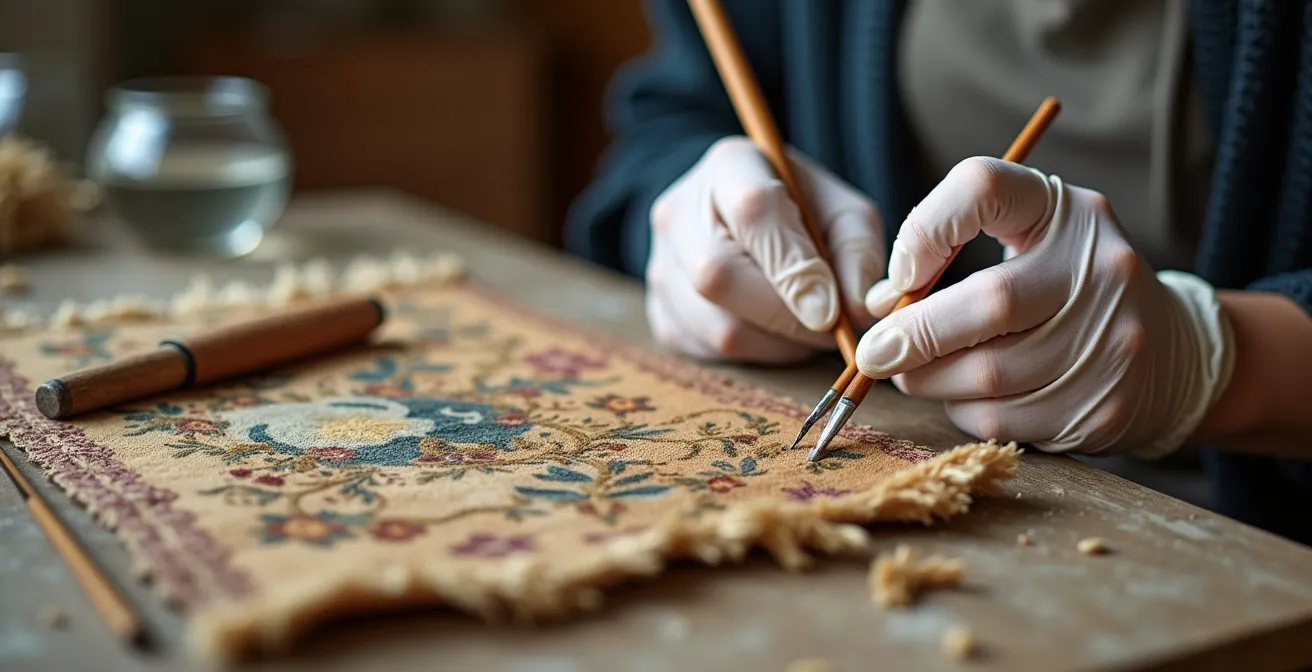 Mains expertes restaurant délicatement une tapisserie ancienne avec outils spécialisés