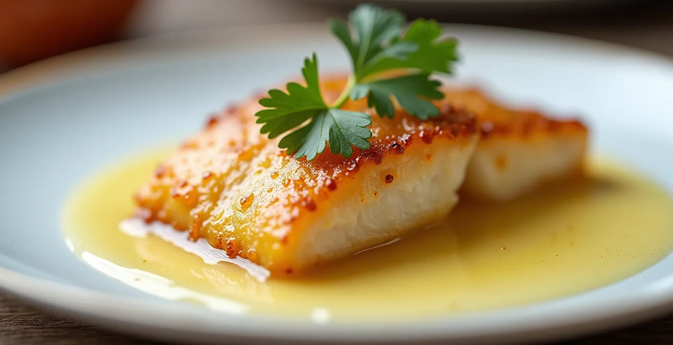 Filet de sandre doré nappé de beurre blanc onctueux sur assiette élégante
