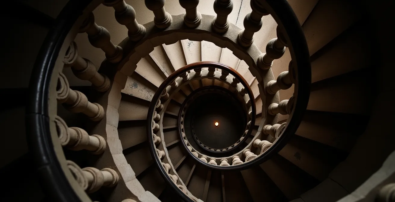 Escalier Renaissance du château de Blois photographié sous angle dramatique