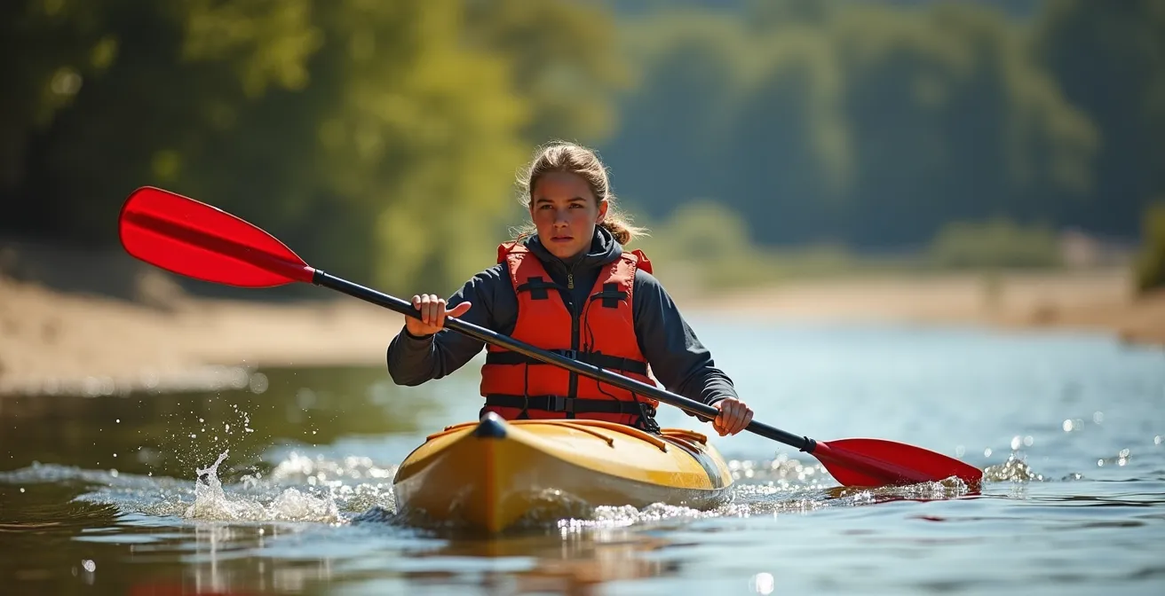 Canoéiste naviguant prudemment entre les bancs de sable de la Loire