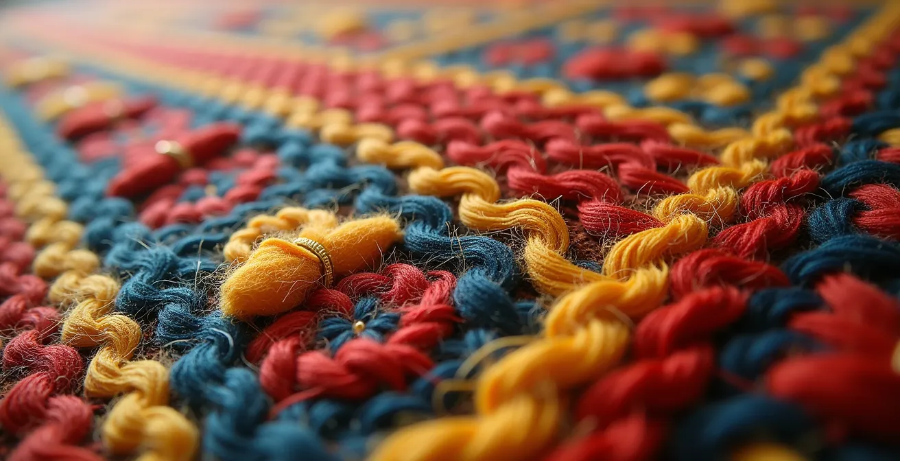 Gros plan sur les détails extraordinaires du tissage de la tapisserie de l'Apocalypse montrant la finesse des fils de laine colorés