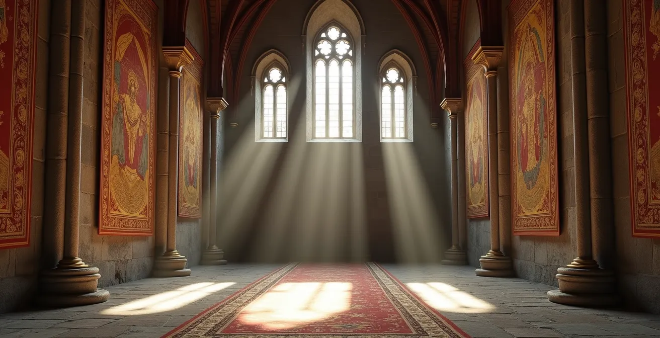 Grande salle de château Renaissance avec tapisseries monumentales éclairées par des fenêtres gothiques