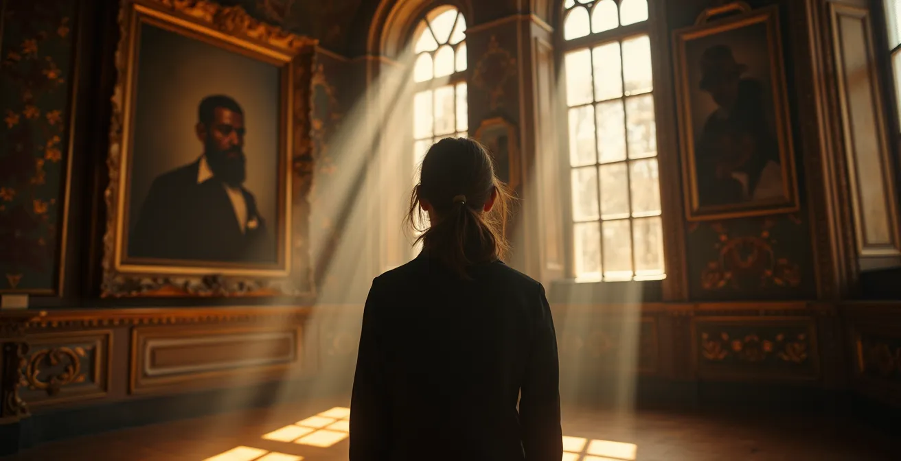 Personne observant attentivement un tableau dans une galerie de château baignée par la lumière dorée du soleil
