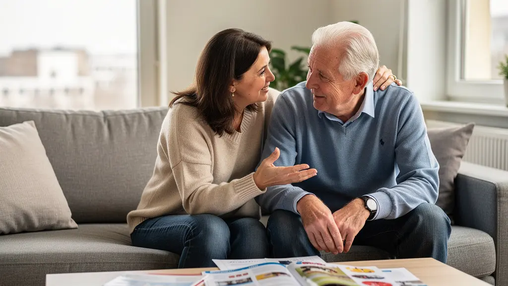 Senior et sa fille discutant du choix d'une résidence dans le Rhône