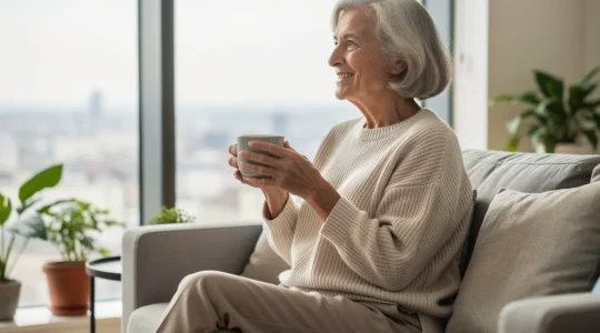 Résidence senior Rhône : femme âgée prenant son café dans un appartement lumineux